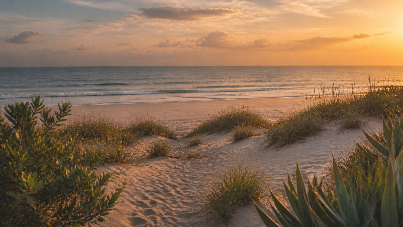 Praia cercada por dunas e vegetação ao pôr do sol